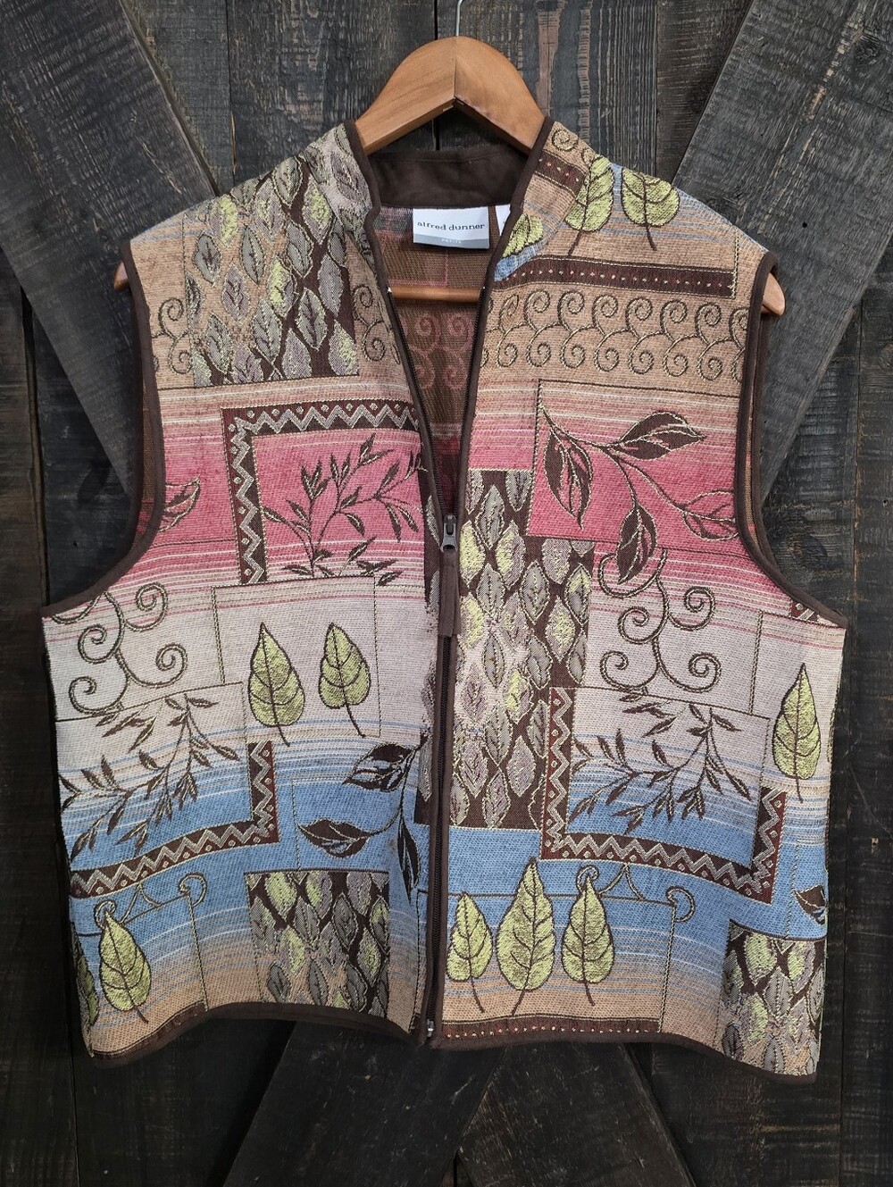 Vntg Alfred Dunner 14 Petite Multicolor Jacquard Leaf-Pattern Zip Vest